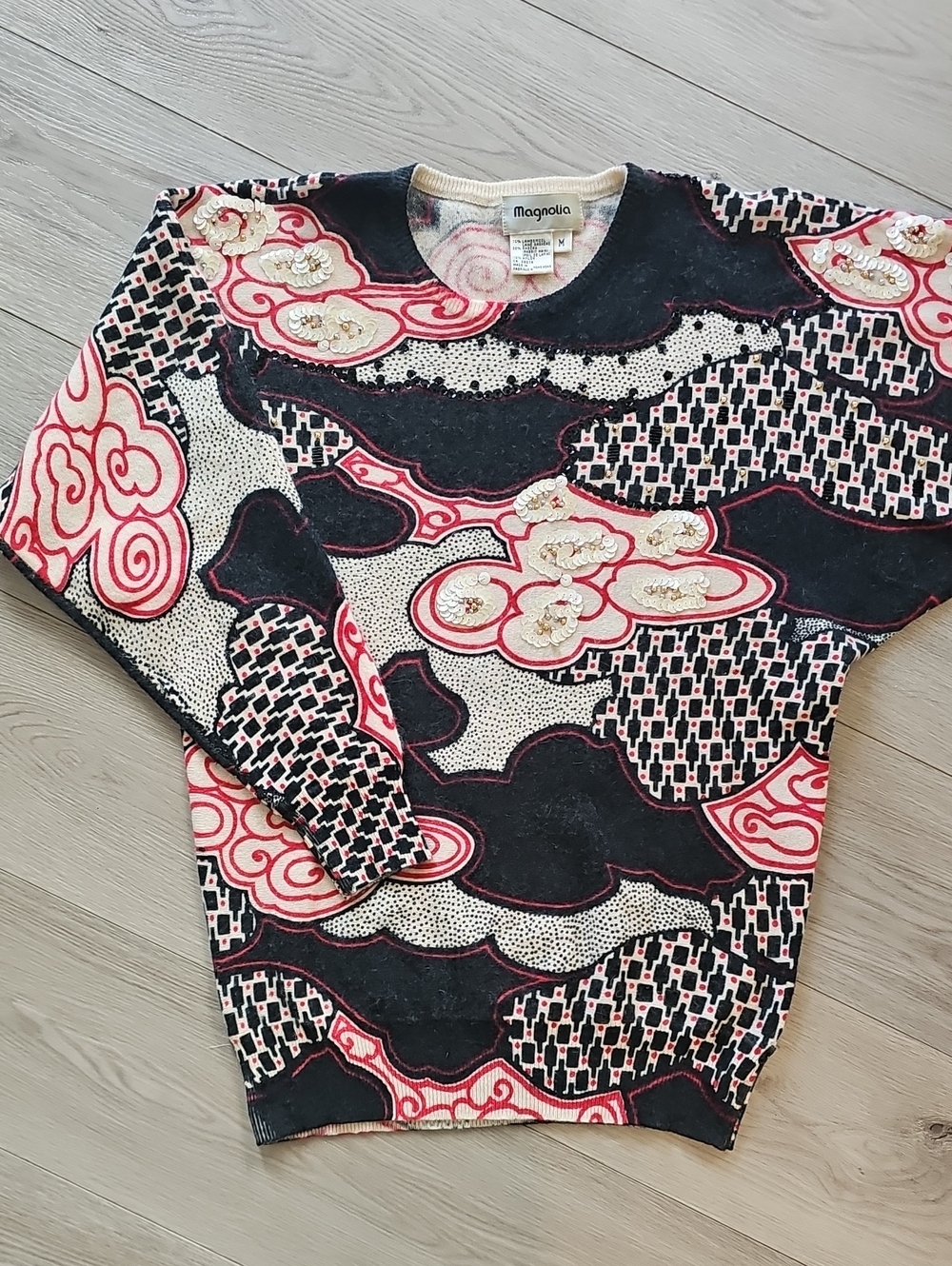 Vintage Magnolia Whimsygoth Grandmacore Beaded Angora Wool Beaded Sweater Med